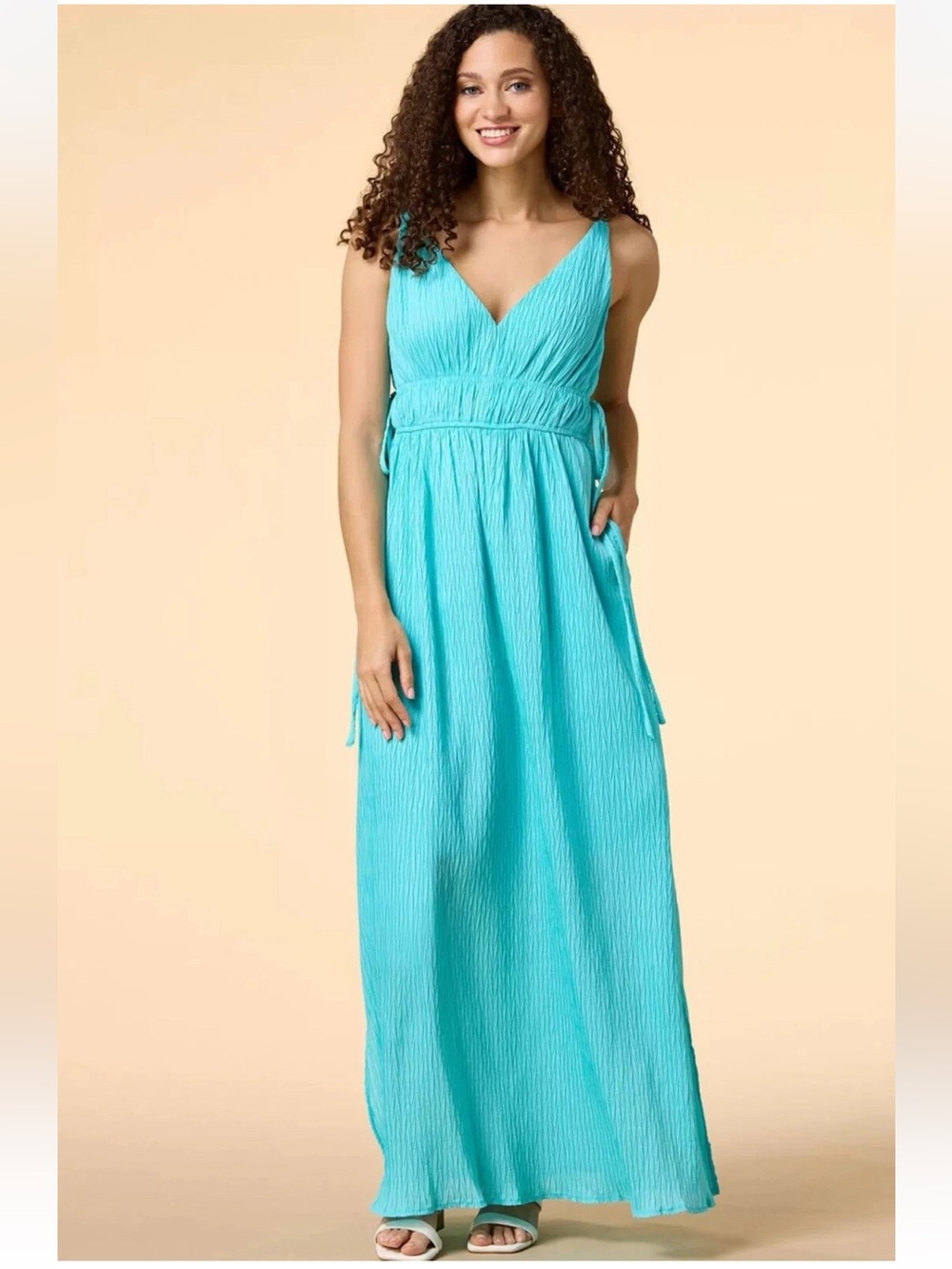 Taylor Aqua V-Neck Pleated Maxi Dress